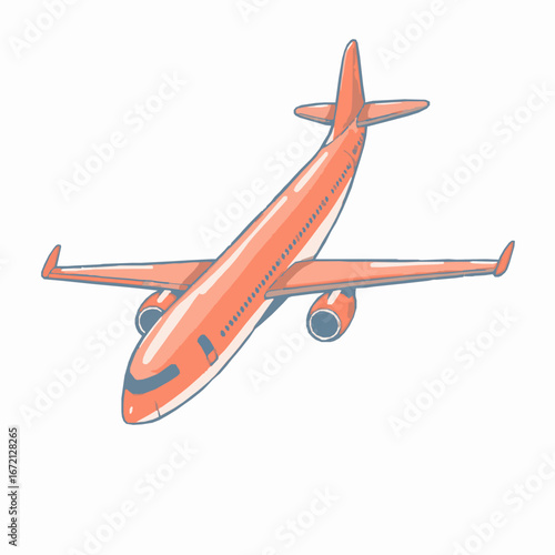 Orange passenger jet airplane in flight viewed from above and slightly to the side on a white background