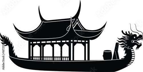 Black Silhouette of a Traditional Chinese Dragon Boat with a Pavilion and Drum china