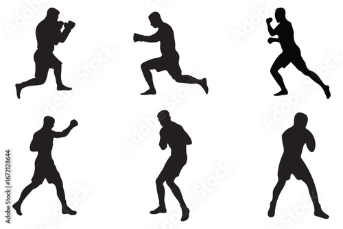 Martial arts silhouette male poses, karate combat training stance set, vector action fighter figure, self defense illustration eps 10