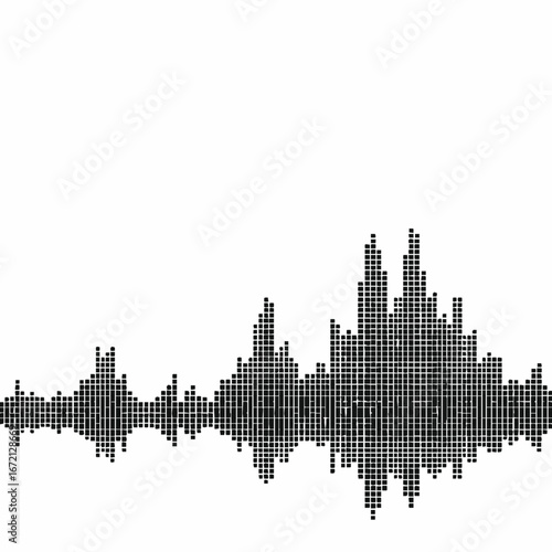 Black Pixelated Sound Waveform with Jagged Peaks on White Background audio wave equalizer