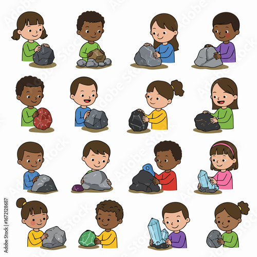 Diverse group of children joyfully exploring and learning about various rocks, minerals, and crystals, fostering curiosity and geological discovery.