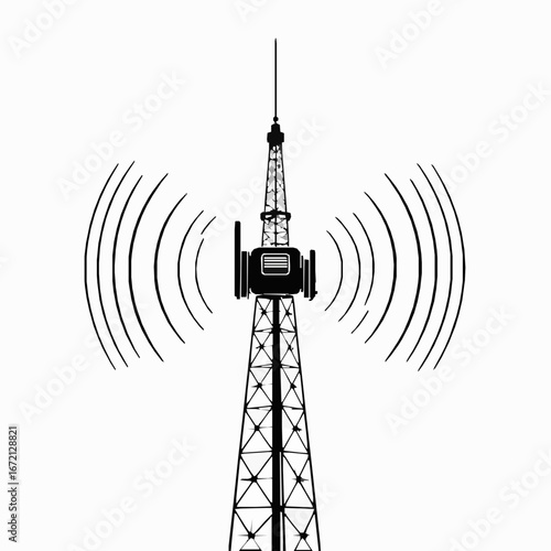 Black silhouette of a tall radio tower with radiating signal waves on a white background communication