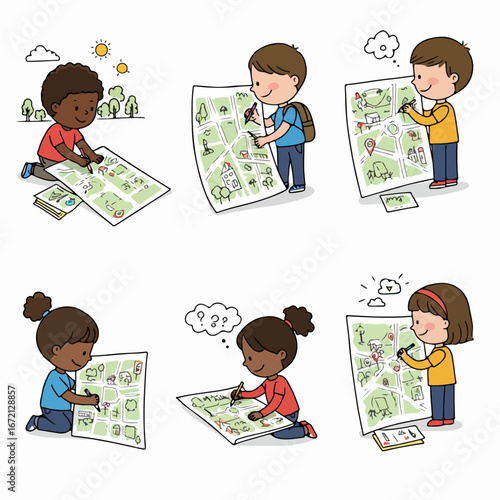 Diverse children drawing maps, fostering creativity, imagination, and early geographic understanding in a playful, educational setting.