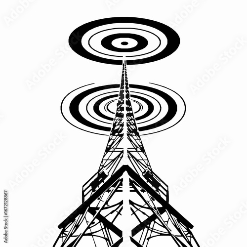 Abstract Black and White Image of a Tower with Concentric Circles Above communication antenna