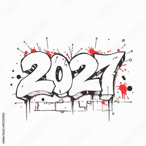 Graffiti style 2027 numbers with red paint splatters and drips on white background year new year