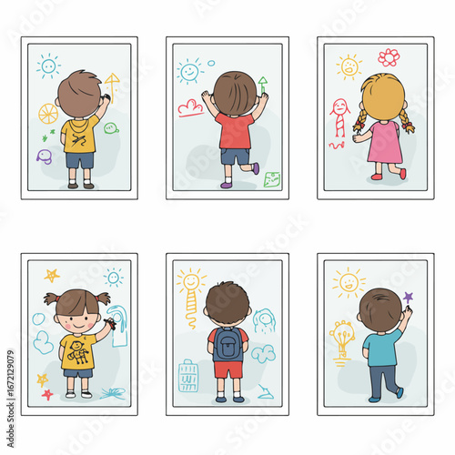 Children happily drawing and expressing their creativity on whiteboards, a vibrant illustration of early childhood development and artistic expression.