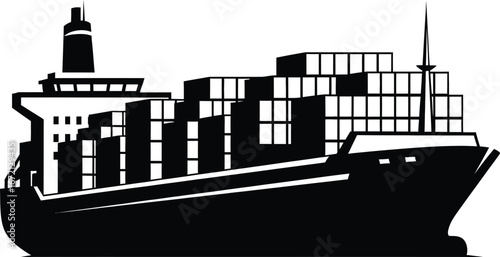Silhouette of a cargo container ship loaded with stacked shipping containers cargo ship