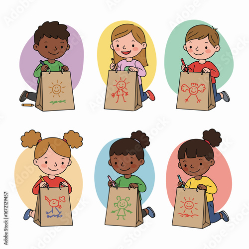 Diverse happy children enjoying creative drawing activities on brown paper bags, fostering artistic expression and fun learning in a colorful illustration.