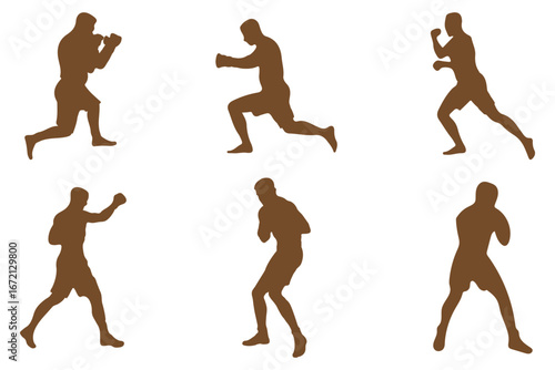 Martial arts silhouette male poses, karate combat training stance set, vector action fighter figure, self defense illustration eps 10