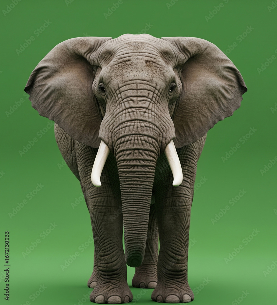Obraz premium Majestic African Elephant on Green Background – Front View