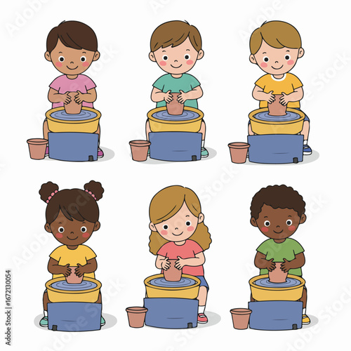 Diverse children happily crafting pottery on wheels, learning and creating unique clay art in a fun, educational workshop.