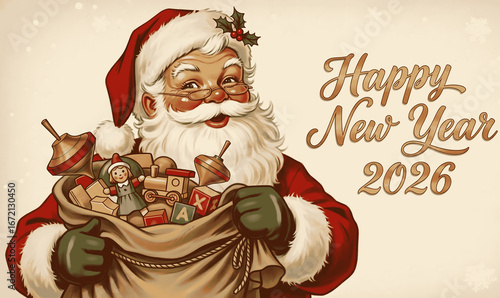 Charming vintage illustration of a jolly Santa Claus with bushy white beard and twinkling eyes in classic fur trimmed red suit Christmas