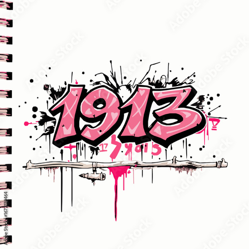 Pink Graffiti Art Number 1913 on a Sketchpad with Drips and a Stick Figure spray paint urban