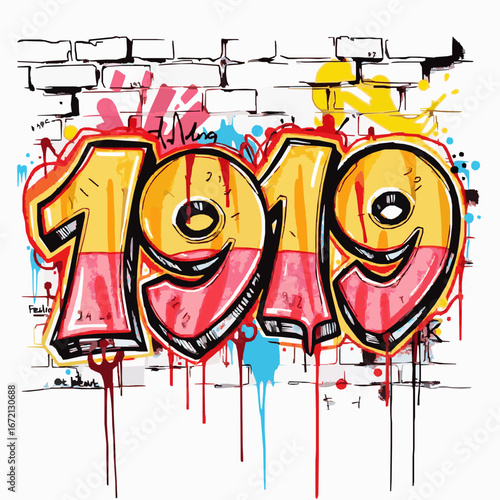 Graffiti Art Number 1919 Spray Painted on Brick Wall with Drips and Splatters vector illustration