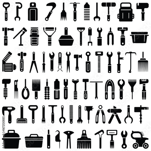 Various tools and containers wrenches hammers
