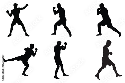 Martial arts silhouette male poses, karate combat training stance set, vector action fighter figure, self defense illustration eps 10