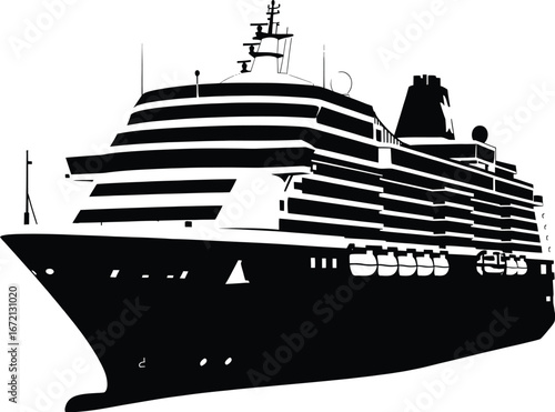Silhouette of a large modern cruise ship with multiple decks and smokestacks ocean liner