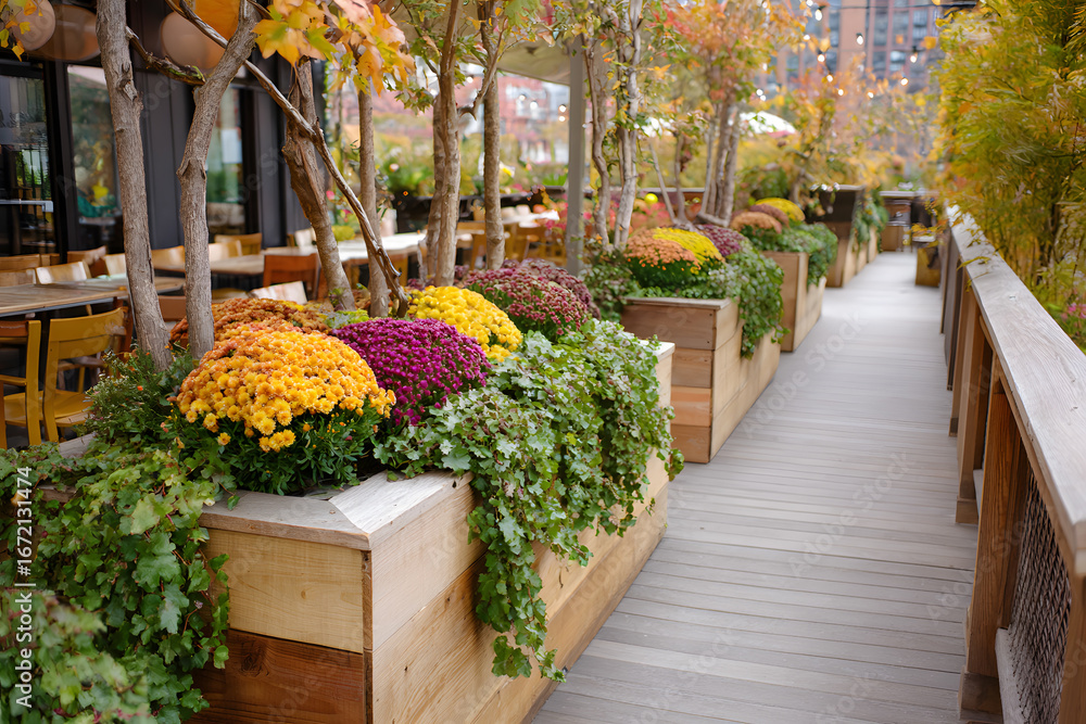 Fototapeta premium Street Cafe on Wooden Terrace with Green Hedges and Bright Autumn Flowers
