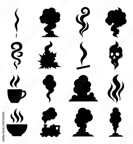 Collection of sixteen stylized steam and smoke silhouette illustrations