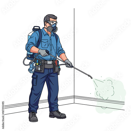 A person in a respirator and protective gear sprays a substance along a wall corner