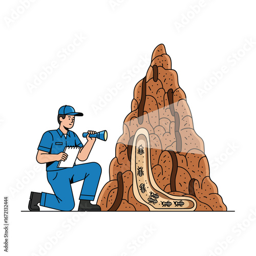 A pest control worker kneels shining a flashlight at a termite mound with visible tunnels