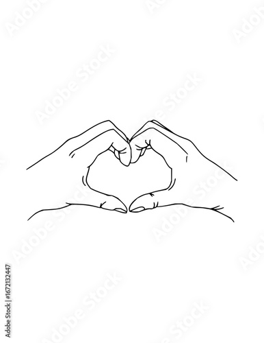 Two hands forming a heart shape with fingers touching in a simple black and white line drawing style art