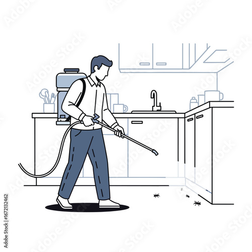A person sprays insecticide in a kitchen They wear a backpack sprayer and are pointed at insects on the floor