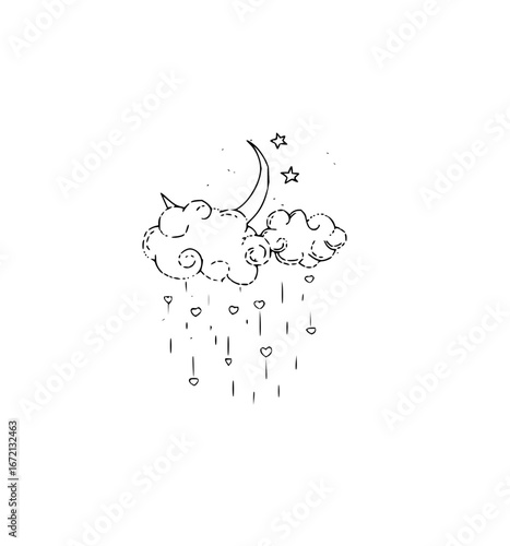 A whimsical illustration of clouds raining hearts with a crescent moon and stars in monochrome style