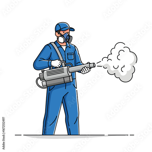 An illustration of a worker in blue coveralls cap and mask spraying from a fogger A puff of smoke exits