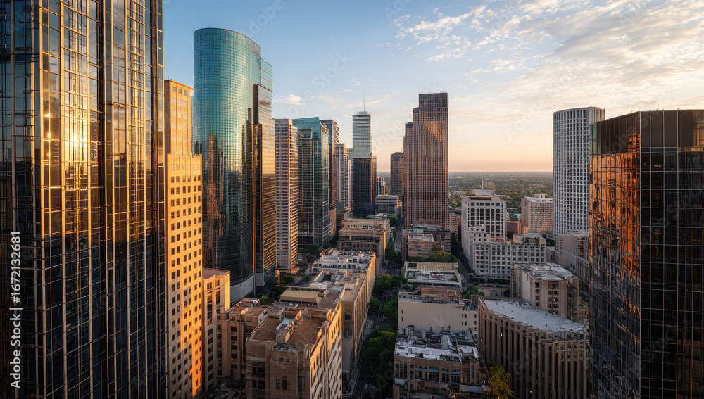 Fototapeta premium Stunning downtown cityscape at sunrise with modern towering glass buildings