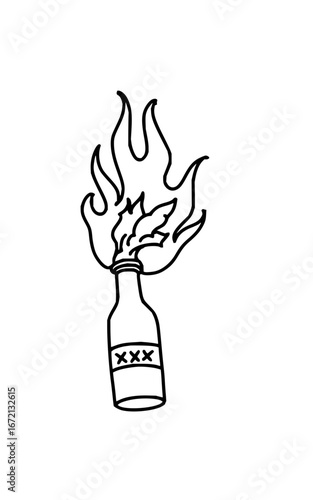 Outline drawing of a molotov cocktail with flames and xxx on the bottle in black and white style
