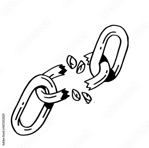 Illustration of a broken chain with two links separated and small pieces floating around the break point