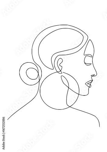 Continuous line drawing of a woman with an earring and hair up in a bun in black and white style