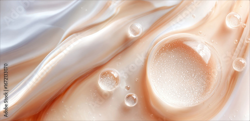 Abstract beige and white liquid surface with suspended water droplets