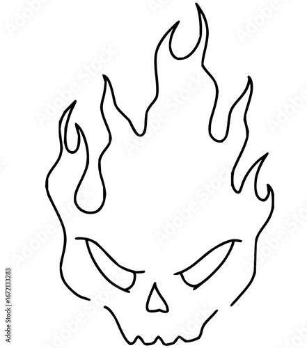 Stylized drawing of a skull with flames emanating from the top of the head in black and white outline
