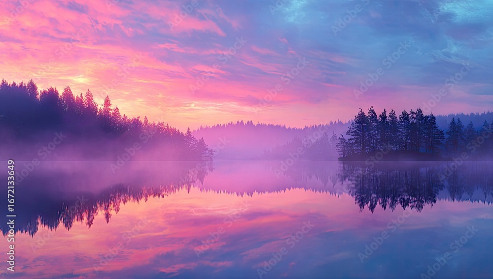 Fototapeta premium Misty lake landscape at sunrise, with trees and colorful sky