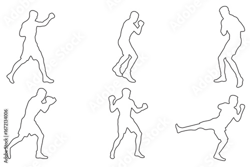 Silhouettes of a boxer in a dynamic fighting and punching sequence, representing movement, training, combat, and athleticism in sports design eps 10