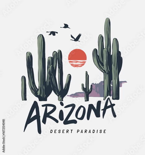 Arizona slogan with desert cactus and sunset graphic vector illustration