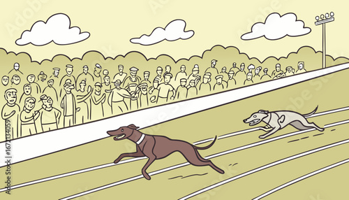 Dog running match in a big ground where a lot of crowd watch the match 