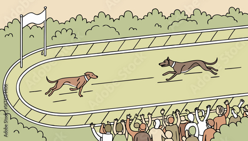 Dog running match in a big ground where a lot of crowd watch the match 