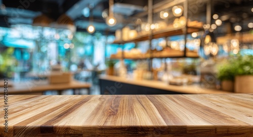 Wallpaper Mural Empty Wooden Tabletop in a Blurred Modern Cafe Background: Restaurant Interior Design, Food and Beverage Concept Torontodigital.ca