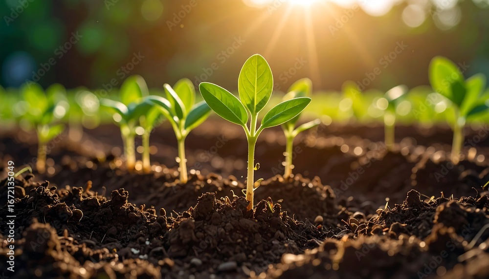 Young plants growing in soil with sunrise.