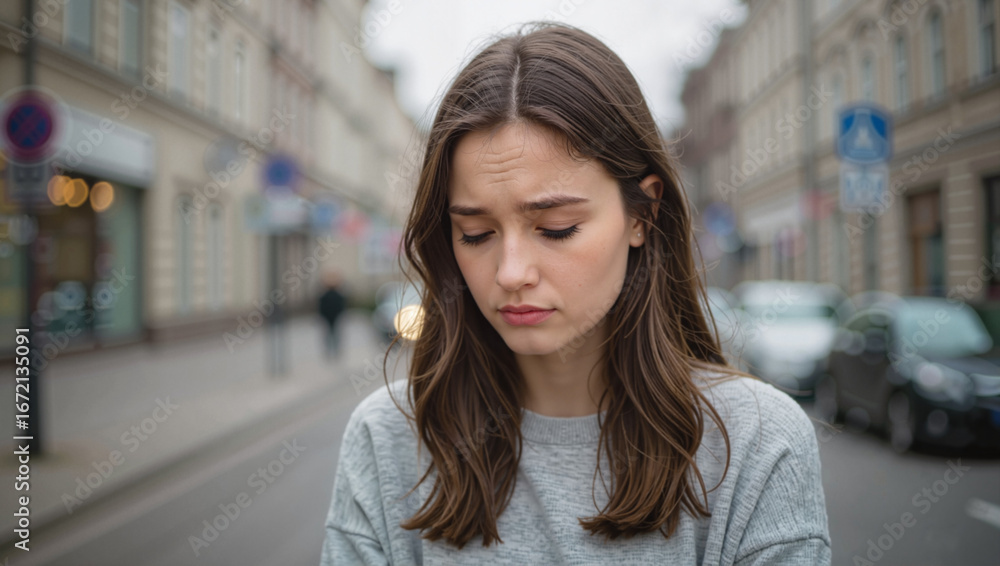 Fototapeta premium Sad young woman standing on city street