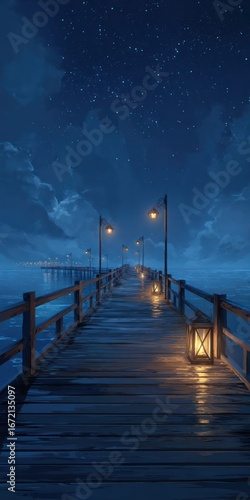 Wooden pier at night, lit by lanterns