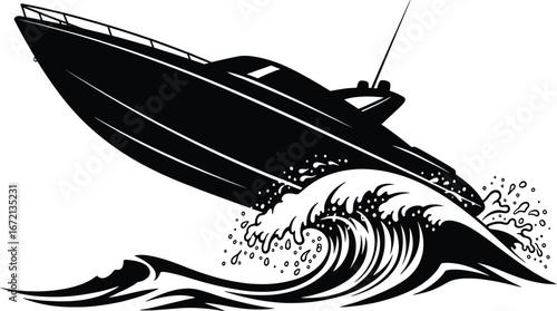 Black and white illustration of a speed boat cutting through a large wave yacht motorboat