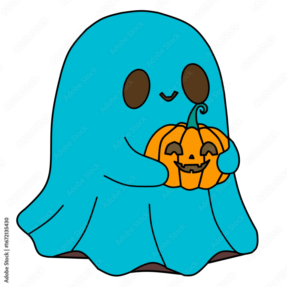 Obraz premium Cute Ghost Holding Pumpkin Jack-o’-Lantern – Halloween Illustration