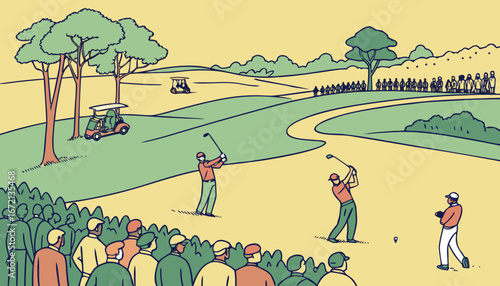 golf match in a huge grassy golf ground where a lot of peoples watch the match