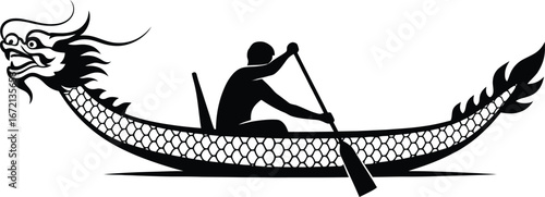 Silhouette of a Dragon Boat Racer with Dragon Head and Tail racing paddling