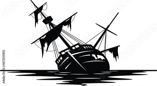 Silhouette of a Sinking Pirate Ship with Tattered Sails on Water sinking ship shipwreck