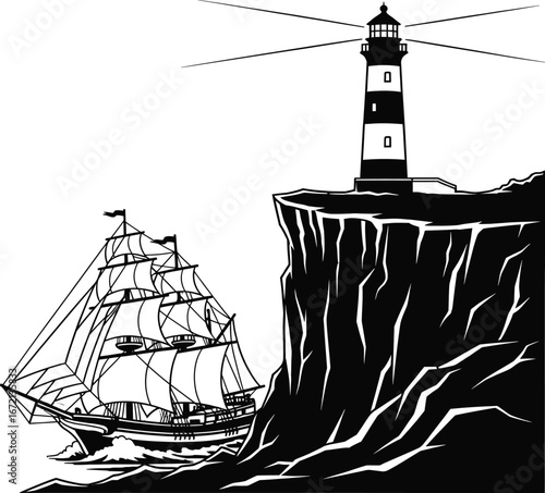 Silhouette of a tall lighthouse on a cliff with a sailing ship in rough seas coast